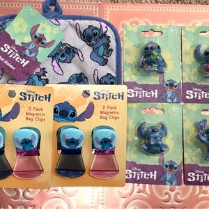 7 Pc Disney Stitch Lot: 2 Sets Of Bag Clips, 4 Figurines, 1 Pot Holder. All NIP